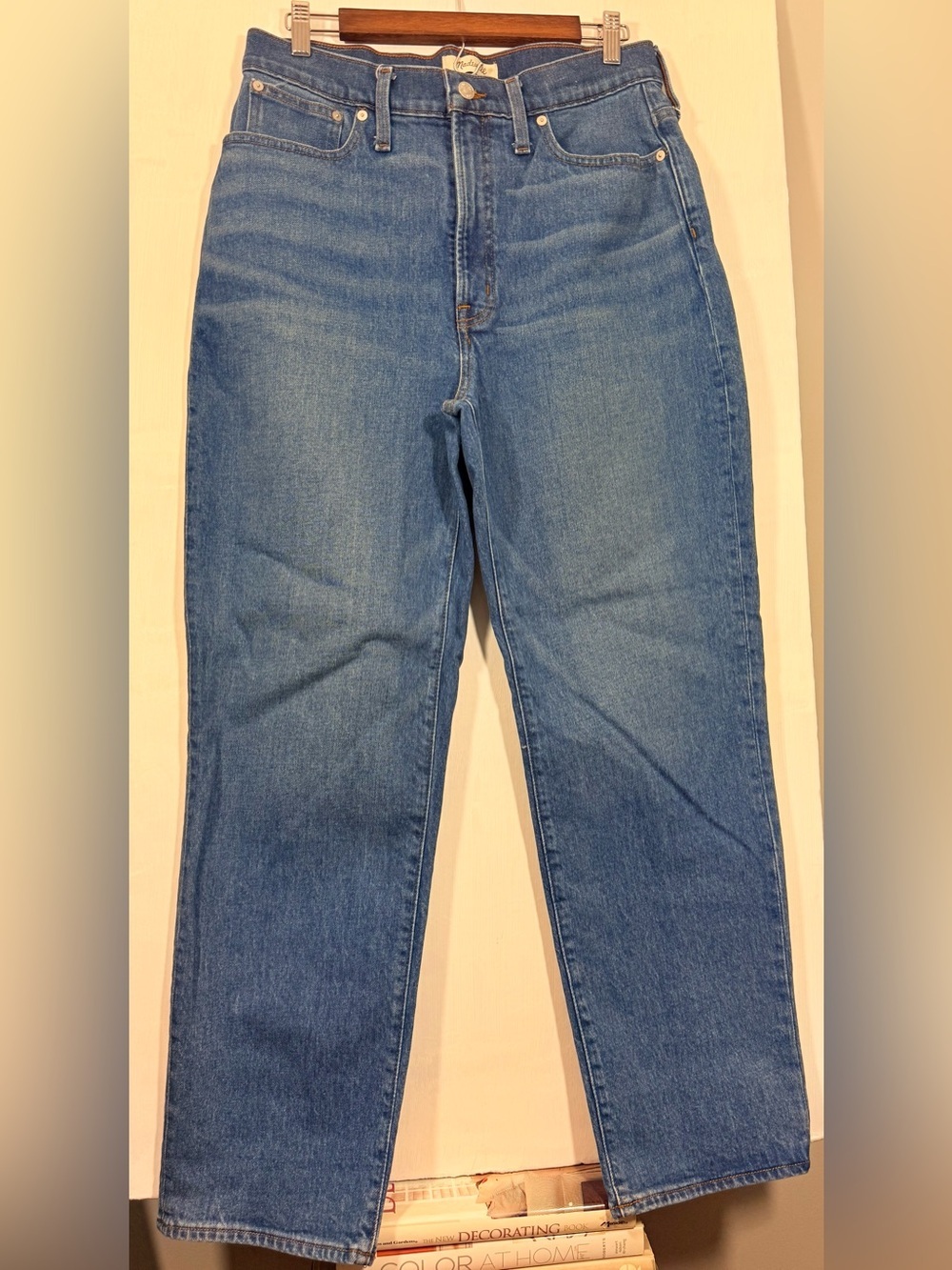 Madewell Medium Blue Denim Jeans with Tan Leather Patch